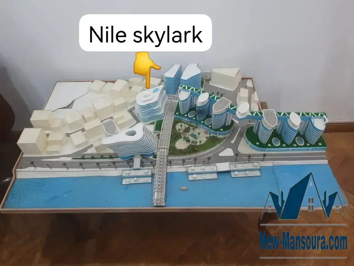 Apartment for sale with the largest area of 258 square meters in the Nile Skylark project directly on the Nile in the Happy Land in Mansoura City