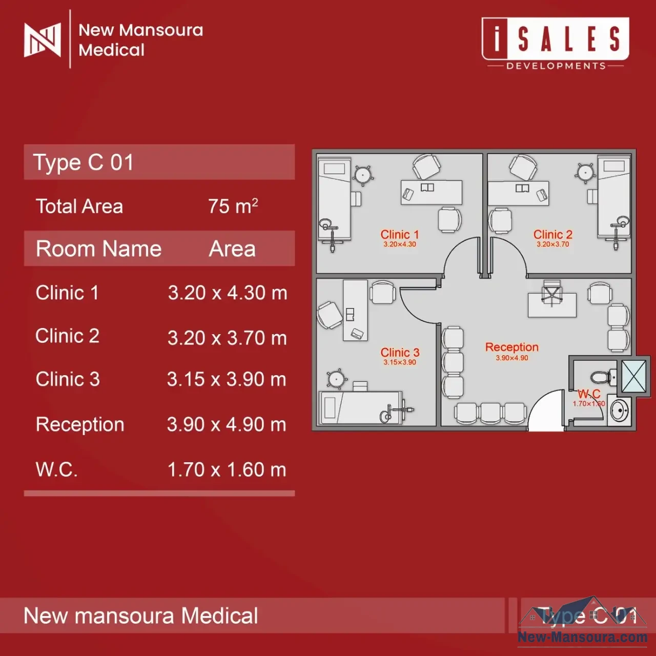 A medical clinic for sale in New Mansoura 3 rooms, suitable for many specialties 80m